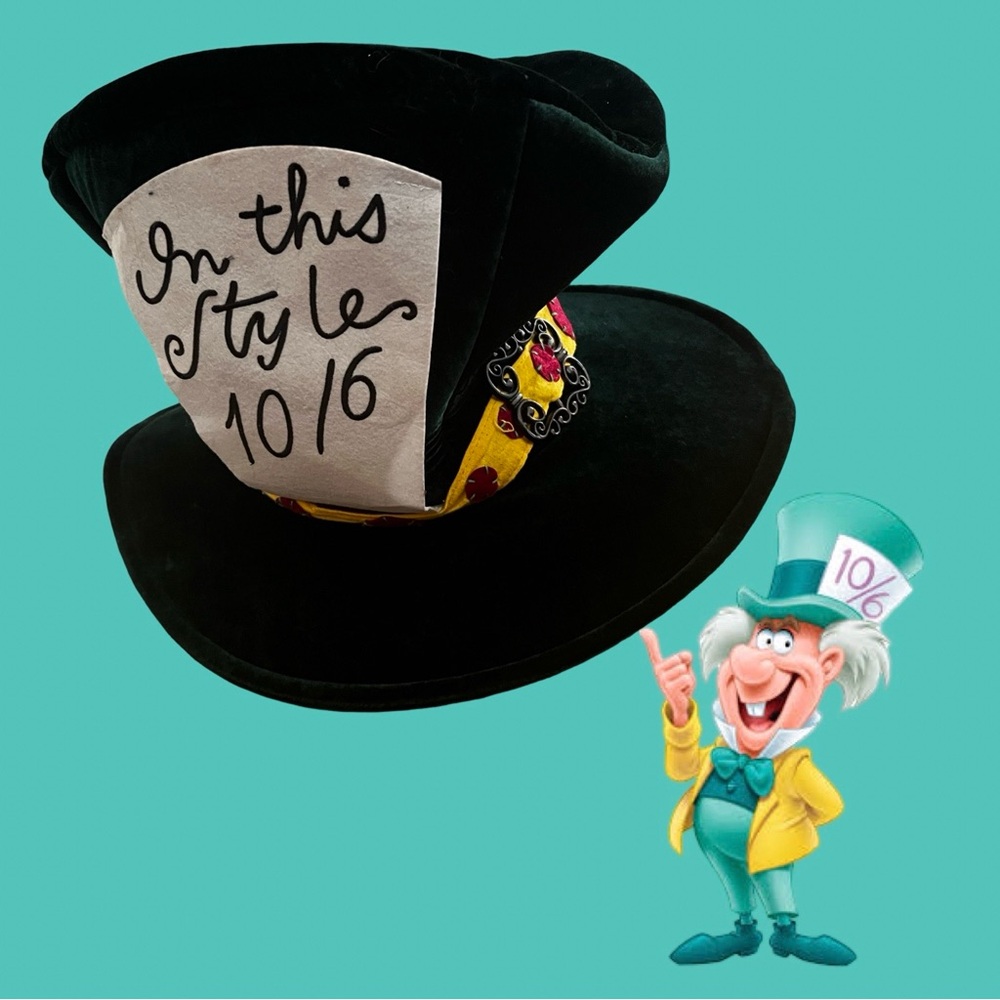 Black Velvet Mad Hatter Top Hat with Decorative Card